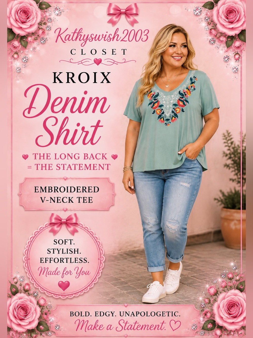 Woman Within Seafoam Green Embroidered V-Neck Tee